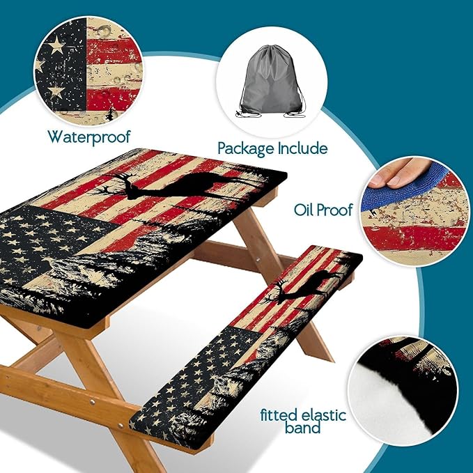 Picnic Table Cover with Bench Covers Elastic Edges, Rustic Farmhouse American Flag Camper Fitted Table Cover, Outdoor Camping Essentials, Waterproof Camping Tablecloth with Drawstring Bag, 60In 3PCS