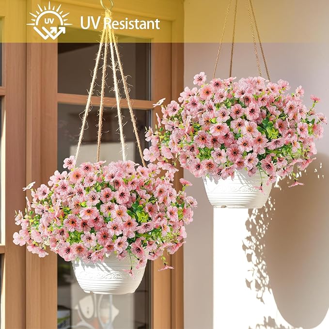 Artificial Flowers Outdoor Faux Plants UV Resistant Fake Patio Flowers Plastic Greenery Plnats Outside Bulk for Spring Garden Hanging Planter Home Vase Decor, 24 Bundles (Pink)