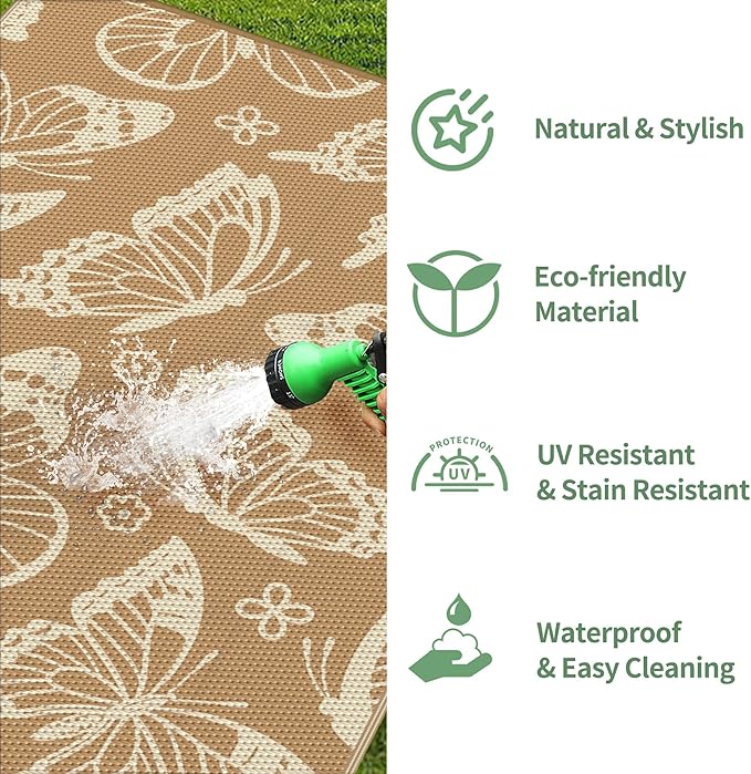 GENIMO Outdoor Rug 6' x 9' Waterproof for Patio Clearance, Reversible Plastic Straw Camping Carpet, Lightweight Mats for Rv, Camper, Deck, Porch, Picnic, Beach, Balcony, G.Brown & Beige