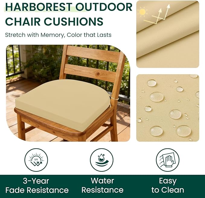 HARBOREST Outdoor Chair Cushions Set of 2, Water Resistant Patio Chair Cushions with Ties, Outdoor Seat Cushions for Patio Furniture, 17"x16"x2", Khaki