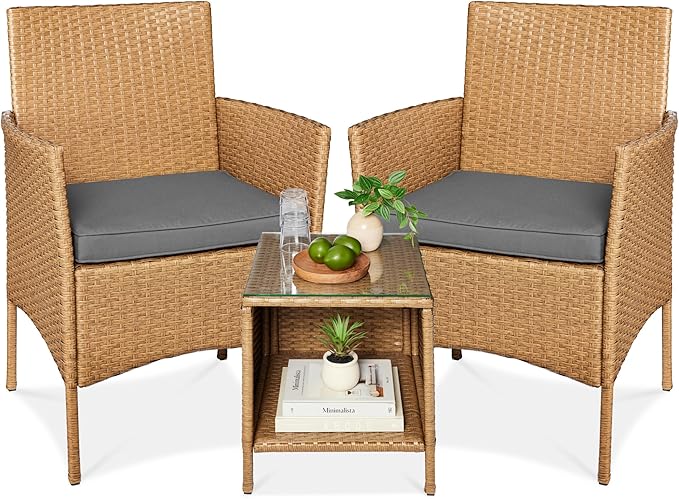 Best Choice Products 3-Piece Outdoor Wicker Conversation Bistro Set, Space Saving Patio Furniture for Garden w/Side Table - Natural/Gray