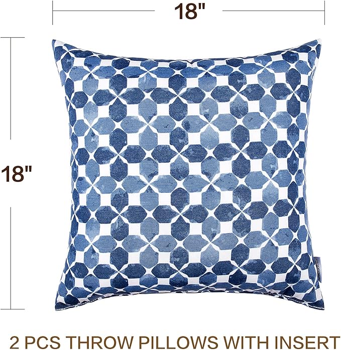 JMGBird Waterproof Outdoor Pillows Set of 2, 18x18 inch Weather Resistant White with Diamond Blue Petal Pattern Throw Pillows with Inserts for Patio Furniture
