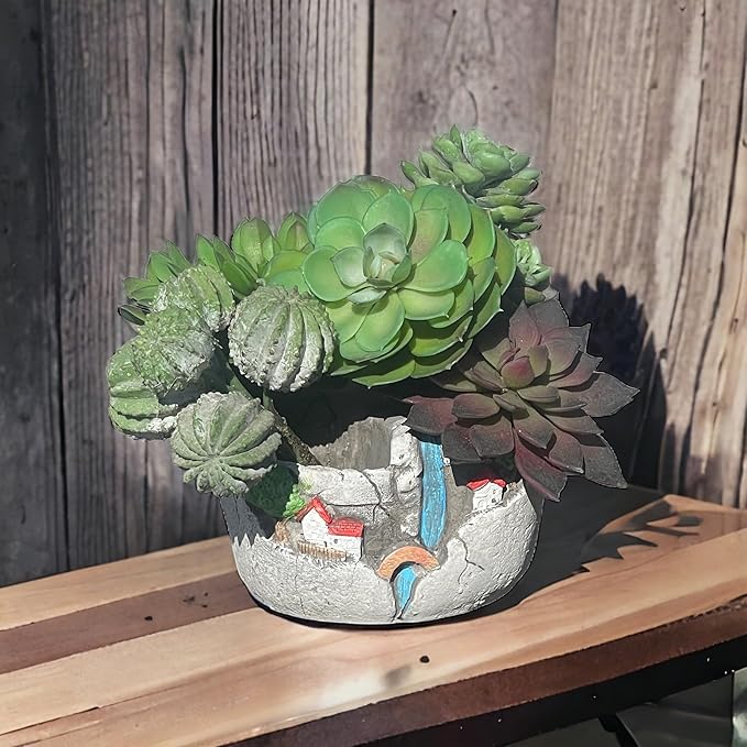 Plants Pot Fairy Garden Planter Tiny Creative Flowers Succulent Plant Pots Mini Micro Scenery Flower Pot Mini House Plant Pot Resin Garden Decor Outdoor Statue Design with Sweet House (Gray)