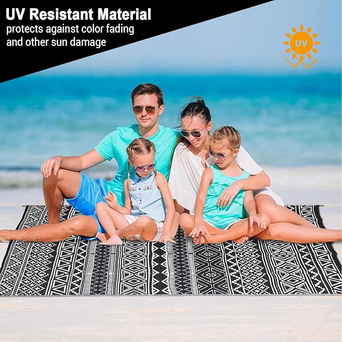 GarveeLife Outdoor Plastic Straw Rug 9x12 Waterproof UV Resistant Patio Rug Lightweight Floor Mat for Camping, Picnic, Backyard, RV, Beach, Picnic, Black & White