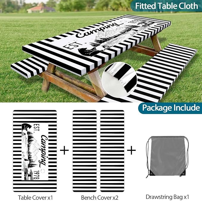 3PCS Picnic Table Cover with Bench Covers Black Stripe Bear Pattern Camping Tablecloth Fitted Picnic Picnic Table Cover with Elastic Windproof Waterproof, Outdoor Camping Accessories 72IN