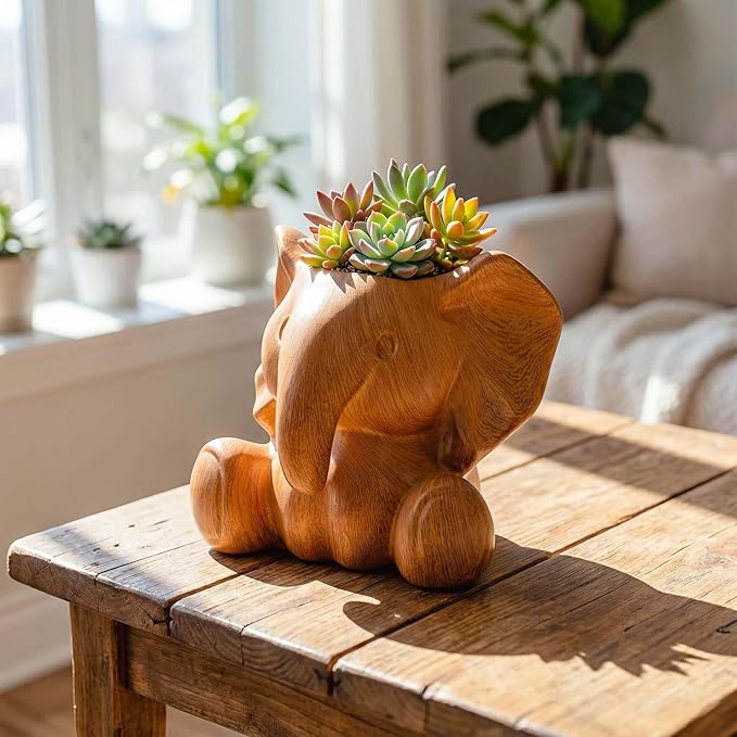 Small Plant Container | Unique Resin Flower Pot Sculpture | Succulent Flower Pot | White Elephant Gifts for Women | Perfect Plant & Elephant Gifts | Indoor & Outdoor Use (Wood Grain)
