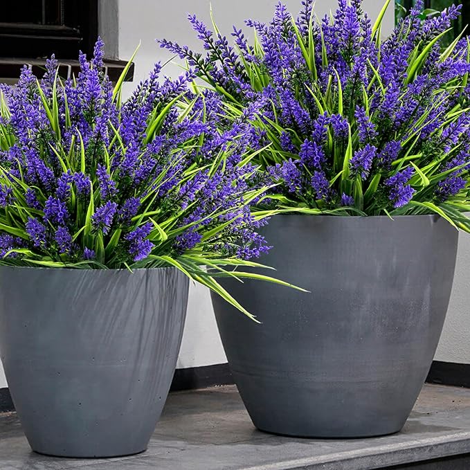 Geegoods Artificial Plants Flowers Outdoor – 24 Bundles UV Resistant Faux Lavender Flowers with Monkey Grass for Garden Porch Window Patio Hanging Planter Decor