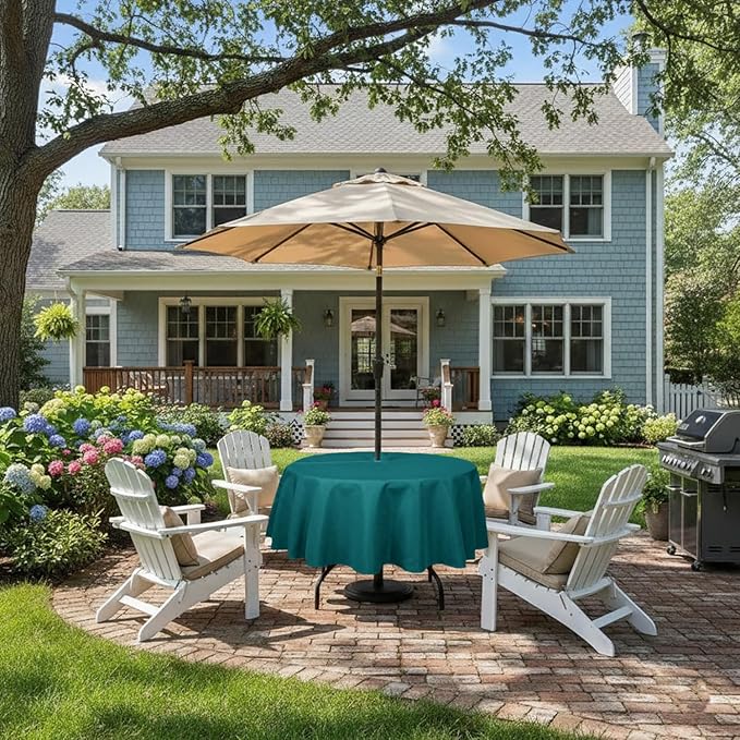 Outdoor Tablecloth Wrinkle-Free Stain Resistant Waterproof Polyester Fabric Table Cover with Zipper Umbrella Hole for Picnic/Party/Dinner/Patio Garden(70inch Round,Zippered,Teal)