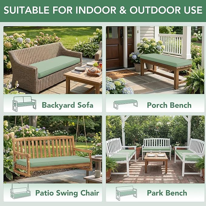 Outdoor Bench Cushion: Waterproof and Fade Resistant Patio Furniture Cushions - Non-Slip Bench Pad Cushion with Removable Cover for Garden Swing Porch Sofa Settee, 42 x 18 Inch, Sage Green