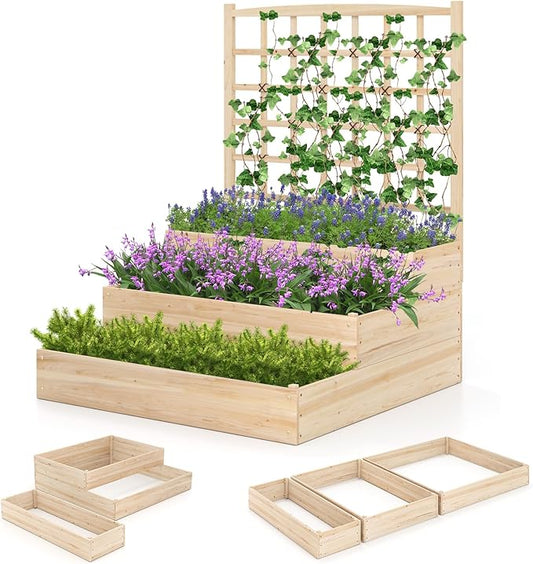 Giantex 3-Tier Raised Garden Bed with Trellis and 3 Planter Boxes, Outdoor Open-Ended Wood Raised Bed for Planting and Vines Flowers Vegetables Growing, 44"x45"x56"