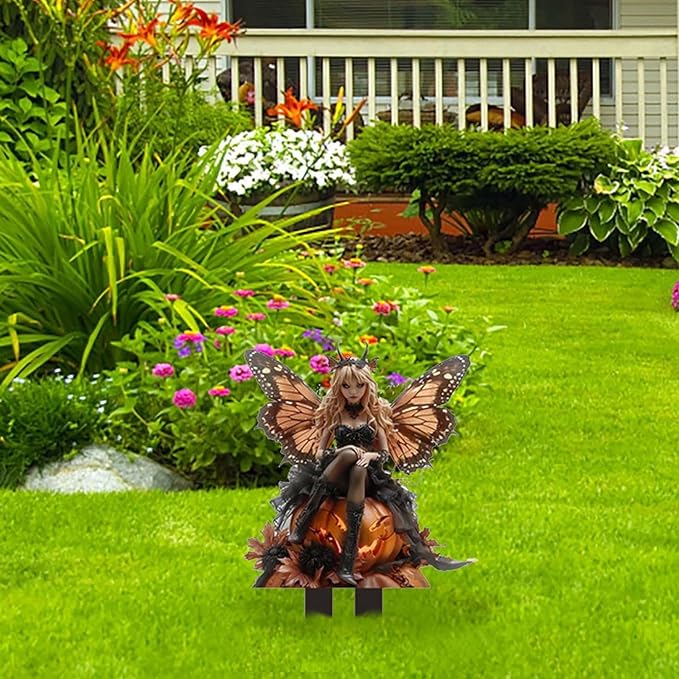 JOYO 11.8''Bohemian Fairy Flower Pot Decoration,Fairy Garden Planter Accessories,2D Acrylic Ground Plug,Fairy Pumpkin Angel Garden Stake for Pot Plants and Garden Yard Lawn Décor (P10)