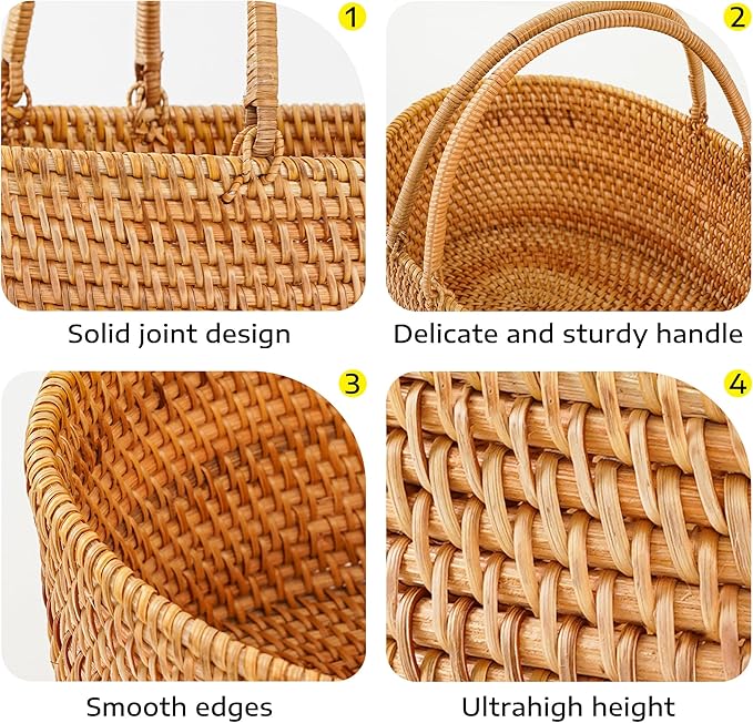 Rattan Picnic Basket with Handles, Large Wicker Basket Gift Basket for Wedding, Camping(15"×13"×8")