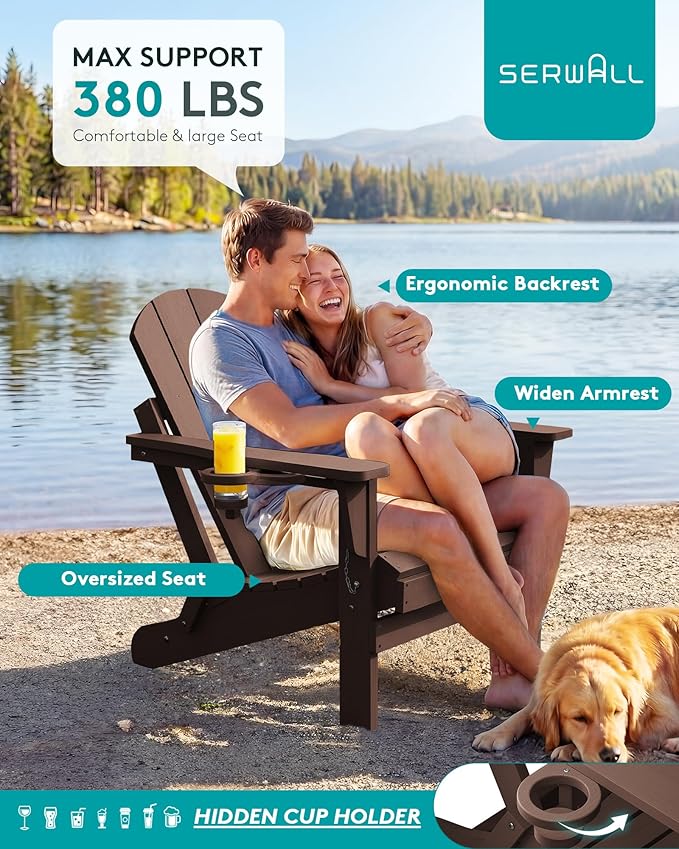 SERWALL Folding Adirondack Chair Set of 4 for Patio Garden Outdoors Fire Pit- Coffee
