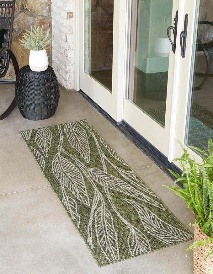 Unique Loom Outdoor Botanical Collection Area Rug - Leaf (2' x 8' Runner Green/Ivory)