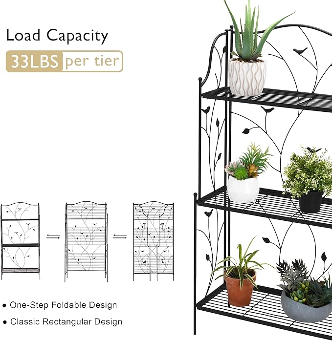 glitzhome Plant Stand Metal Rack 3 Tier Flower Pot Organizer Multiple Holder Shelf for Indoor Outdoor Garden, Black