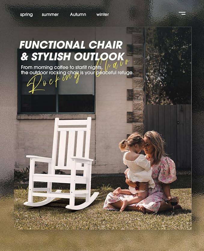 KINGYES Outdoor Rocking Chair Set of 4, All-Weather Patio Rocking Chairs for Porch, HDPE Rocking Outdoor Chairs with High Back for Adult, Heavy Duty Outdoor Patio Rockers for Garden, Lawn, White