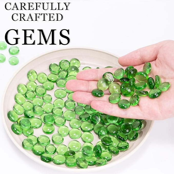 50PCS Mini Glass Gems,Green Mancala Stones Flat Bottom Marble Beads for Home Decorative Art Craft Vase Filler(0.5"~0.7")
