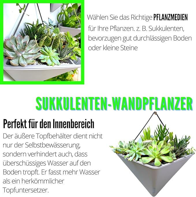 LaLaGreen Succulent Wall Planters - 2 Pack, 12 Inch Large Self Watering Wall Hanging Planters for Indoor Plants Gray Wall Mount Triangle Geometric Flower Vase Pot Black Metal Hanger Living Wall Decor