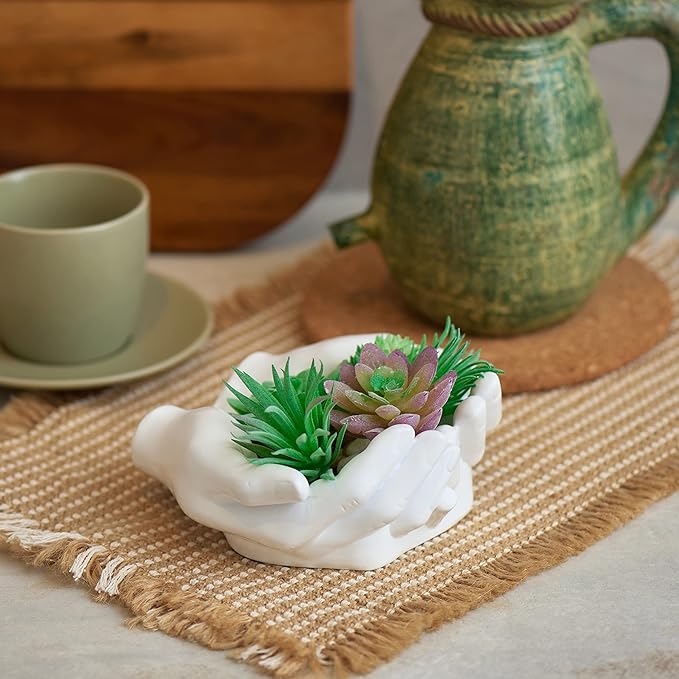 Hand Shaped Succulent Planter Pot - Crystal Holder Display - Air Plant Holder Hand Planter - Giving Hands Sculpture Decor - Key Bowl Ring Dish Trinket Dish Candy Dish - Candle Holder (White)