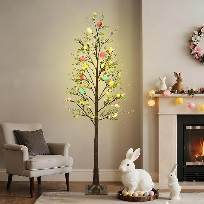 DR.DUDU 6FT Lighted Easter Tree with Timer, Large Easter Decorations for Home & Outdoor Porch, Pre-Lit Egg Trees with LED Lights & Colorful Eggs for Spring Party Office Decor
