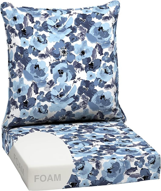 Arden Outdoor Foam Deep Seat Cushion Set, 24 in x 24 in, Weather-Proof, Rain-Proof, Fade Resistant Patio Cushion, Bottom and Back Cushion for Chair, Sofa, and Couch Blue Garden Floral
