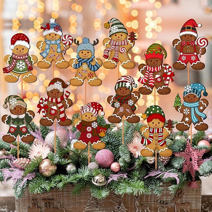 Zonon 12pcs Winter Garden Decorations Winter Snowflake Metal Planter Stakes for Patio Lawn Planter Pot Xmas Nutcracker Gingerbread Yard Stake Signs Outdoor Lawn Decor Party Favor(Gingerbread)