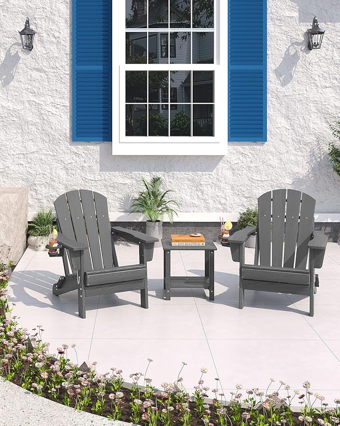 Folding Adirondack Chair Set of 2 with Side Table, All-Weather HDPE Outdoor Chair, Wooden Textured with Cup Holder for patios, Decks, Gardens, fire pits, Grey