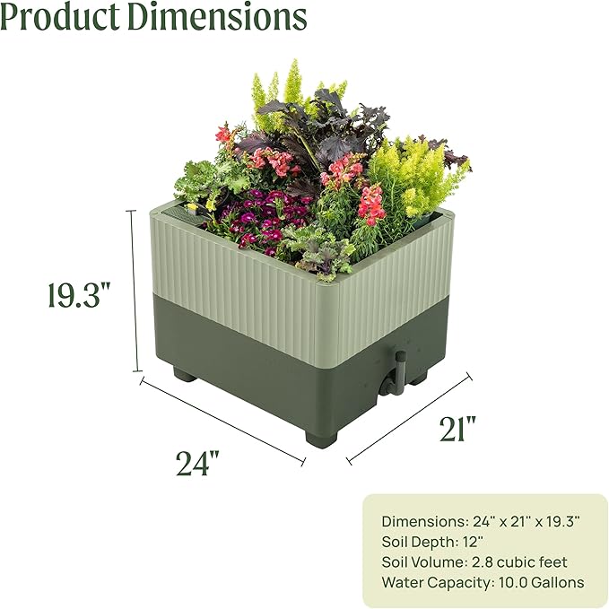 Vego garden EZCube Self Watering Planter Box Outdoor, Raised Garden Bed with Water Gauge for Balcony, Rooftop, Patio, Backyard 21" x 24" Sage Green