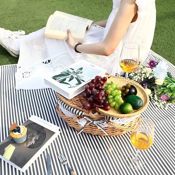 Picnic Basket with Blankets and Bamboo Plates Picnic Supplies Set Basket with Lid and Handle Wicker Picnic Basket Sturdy Woven Body with Washable Lining for Camping(Grey)