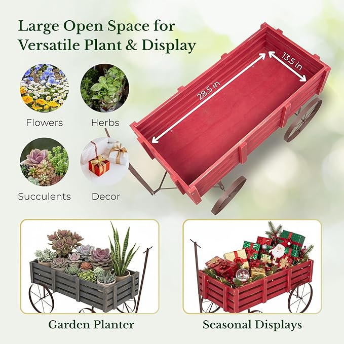 Shine Company Decorative Buckboard Wagon Garden Planter, Wooden Wagon Yard Décor for Outdoor Plants, Red