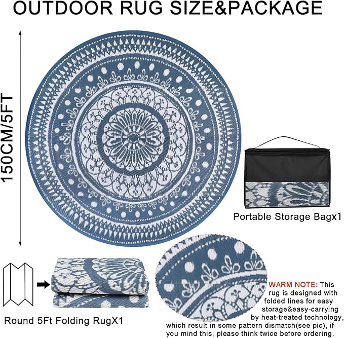 Cekene Round Outdoor Rugs for Patio 5Ft Waterproof Reversible Outdoor Patio Rugs Blue Lightweight Plastic Straw Rugs Portable RV Camping Mat Floor Carpet for Deck Porch Picnic