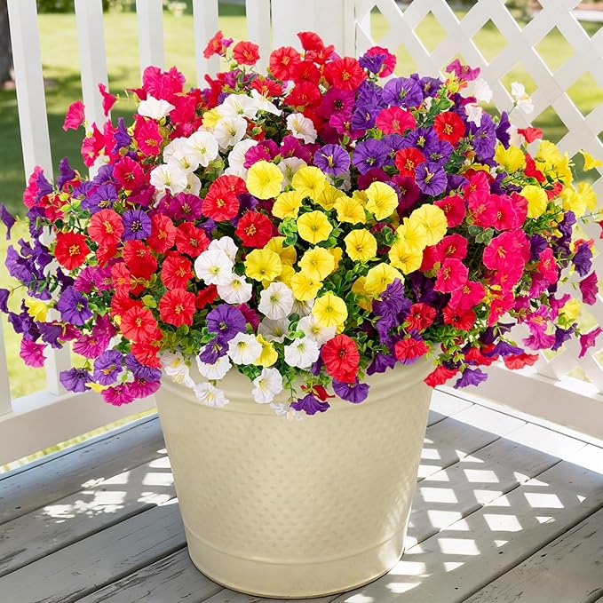 Artificial Flowers for Outdoors, 12 Bundles Fake Plastic Petunias Flower Plant, Faux UV Resistant Silk Morning Glory for Outside Planter Garden Front Porch Door Spring Summer Decor