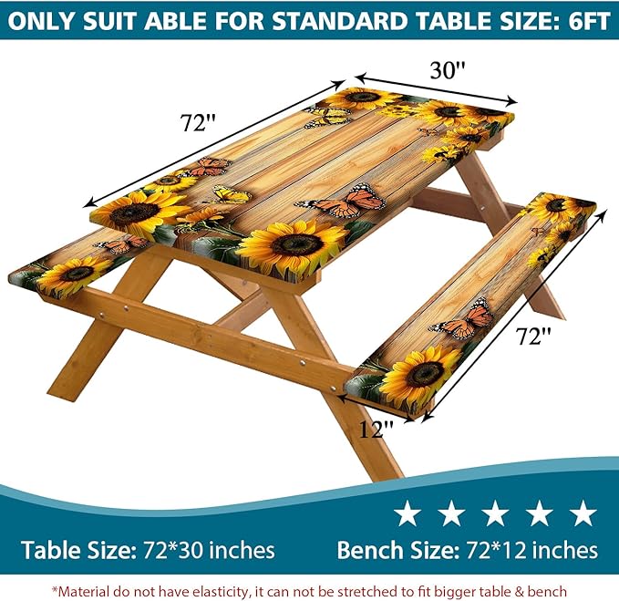 3PCS Picnic Table Cover with Bench Cover, Outdoor Patio Camping Essentials Farmhouse Sunflower Table Covers with Elastic Waterproof Camping Tablecloth with Drawstring Bag, 72In