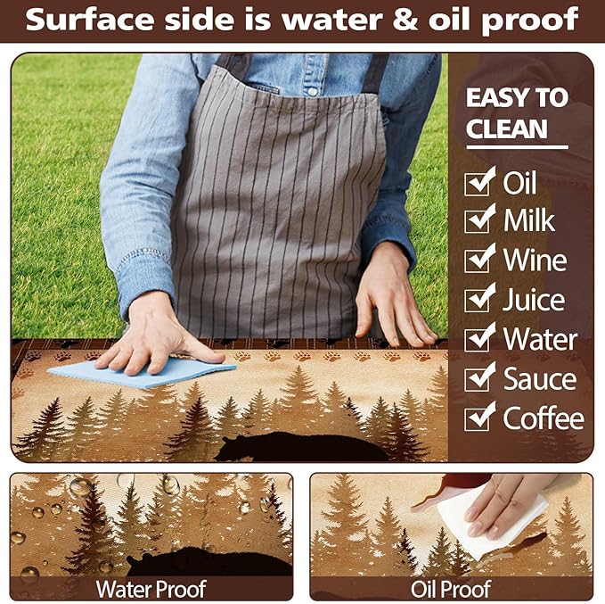 30X60 Inch Brown Bear Picnic Table Cover with Bench Cover and Drawstring Bag, Waterproof Washable Fitted Outdoor Tablecloth Rectangular Elastic Edged for Camping Outdoor Travel, 3 Pieces Set