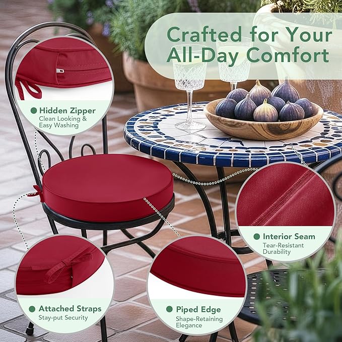 Outdoor Bistro Chair Cushions Set of 4, 15" D x 3" H Round Chair Cushions Waterproof and Fade Resistant Chair Cushion Pads with Non-Slip Ties and Removable Covers for Garden, Burgundy