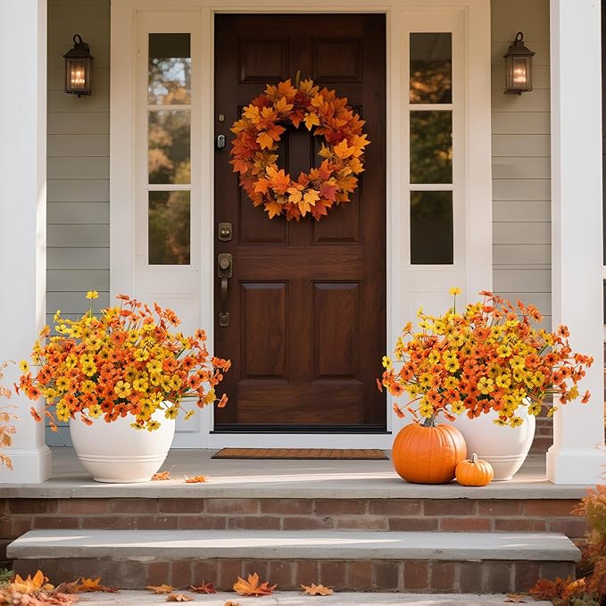 Artificial Mums Fall Fake Flowers for Outdoors, 12 Bundles Faux Mums for Outdoor Planters Autumn Decorations,UV Resistant Silk Flowers for Front Porch Garden Patio Home Decor(Fall-Orange Yellow)