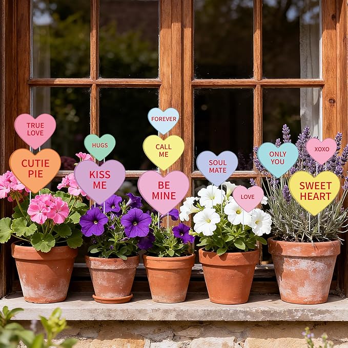 12 Pcs Valentine's Day Planter Stakes for Outdoor Valentine's Yard Decorations Conversation Heart Shaped Yard Signs Decorative Heart Garden Stakes for Outside Lawn Patio Porch Pot Decor