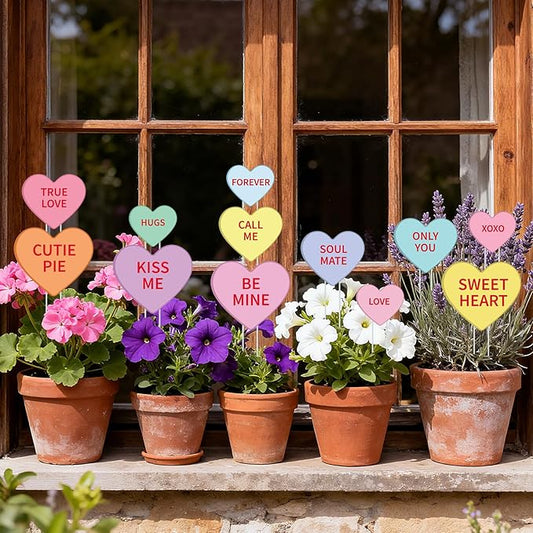 12 Pcs Valentine's Day Planter Stakes for Outdoor Valentine's Yard Decorations Conversation Heart Shaped Yard Signs Decorative Heart Garden Stakes for Outside Lawn Patio Porch Pot Decor