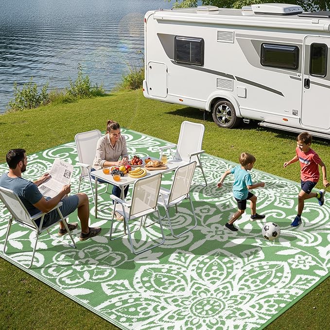 Findosom Waterproof Outdoor Rug 6' x 9' - Reversible Mandala Outdoor Plastic Straw Rug, Durable Foldable Patio Rug for RV, Deck, Balcony, Backyard, Picnic, Porch, Camping, Beach, Green