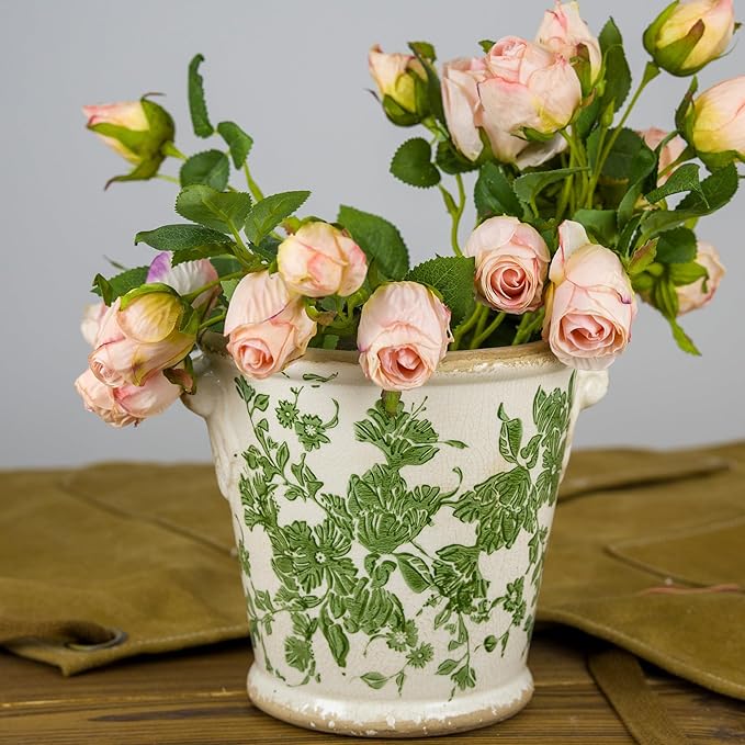 Vintage Ceramic Flower Pot with Drainage Holes and Handle,Ice Crack Country Rustic Planters for Indoor Outdoor,Tuscan Decor,Home and Garden Decor,Gardening Present (Green)