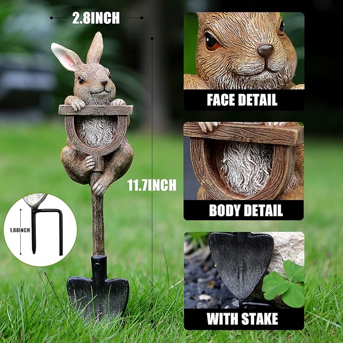 Bunny Statue Whimsical Garden Decor for Outside, Resin Bunny Rabbit Figurine on Shovel, Outdoor Lawn Decoration Garden Bunnies Figurine for Patio Yard Front Porch, Easter Decor