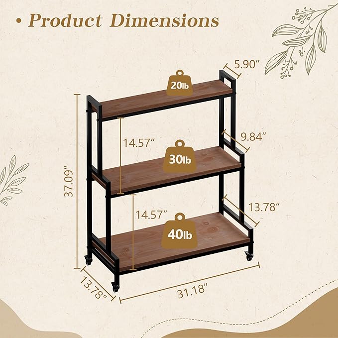 Flower Cart Display Stand with Wheels - Solid Wooden Plant Stand Shelf Outdoor - 3 Tier Patio Rolling Flower Stand - Ladder Folwer Holder Stand 37''x31'' for Florist, Garden, Wedding, Living Room, Cement Color