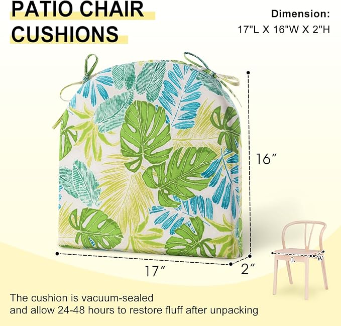 downluxe Outdoor Chair Cushions Set of 4 for Patio Furniture, Water-Resistant Patio Chair Cushions with Ties, High Density Foam Outdoor Seat Cushion, 17" X 16" X 2", Tropical Green Leaves