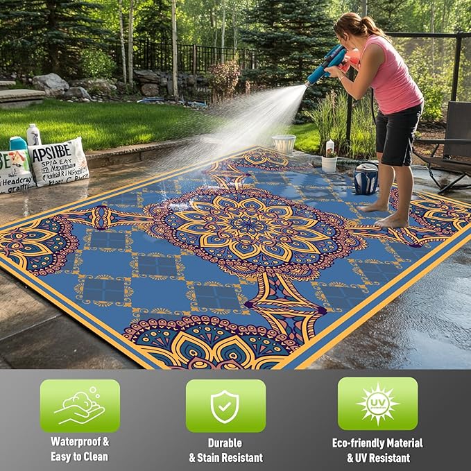 WILDROOTS 5x8 Feet Thangka Pattern Plastic Outdoor Rug, Stain Resistant Waterproof Reversible Outdoor Patio Rug, Fade Resistant Camping Rug