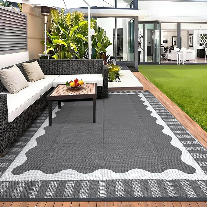 Outdoor Rug 8x10 Waterproof Patio Rugs Scalloped Border Reversible Mat for Front Door Rv Foldable Plastic Straw Carpet for Travel Trailers, Deck, Picnic, Porch, Camper, Balcony, Beach，Grey