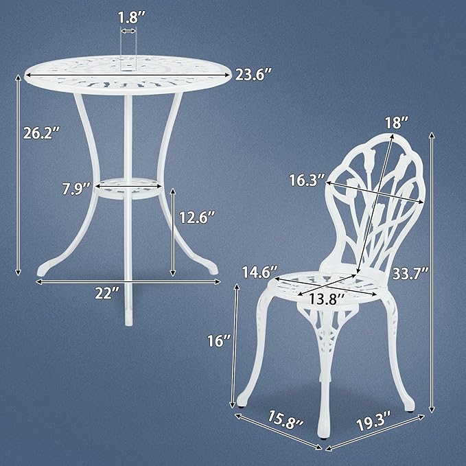Outvita Patio Table and Chairs Set, Cast Aluminum Outdoor Cafe Table and Chairs Set of 3, Stability Patio Bistro Sets with Umbrella Hole for Garden, Patio, Balcony, Tulip Pattern White