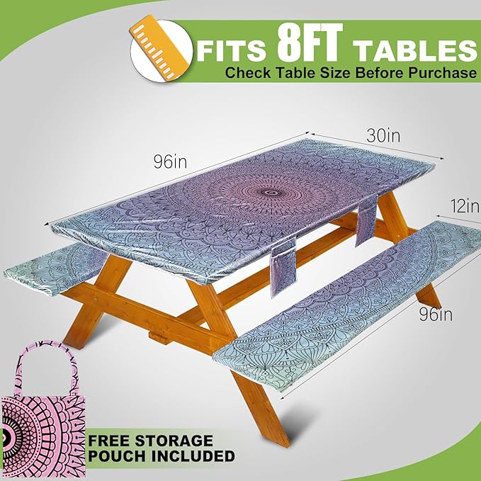 Picnic Table Cover with Bench Covers Vinyl Elastic Edges Fitted Rectangle Seat Tables Waterproof 3-Piece96X30in Set Outdoor Rectangular Folding Backing Tablecloth for Camping Over Size