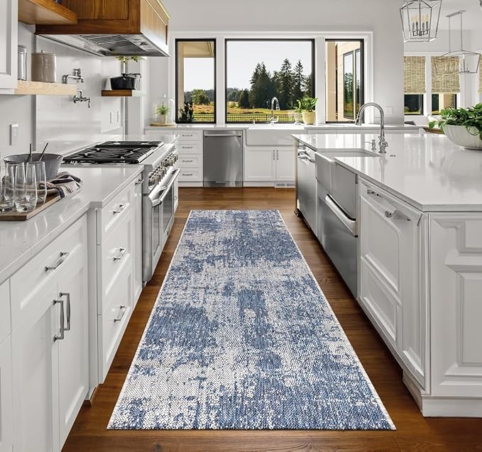 Keen Home Design Terrace Outdoor Runner Rug - 26"x91" Washable Indoor/Outdoor Rug for Patio, Kitchen, Balcony, Beach, Garden, Deck and Porch, Size: 2'2" x 7'7", Abstract Navy