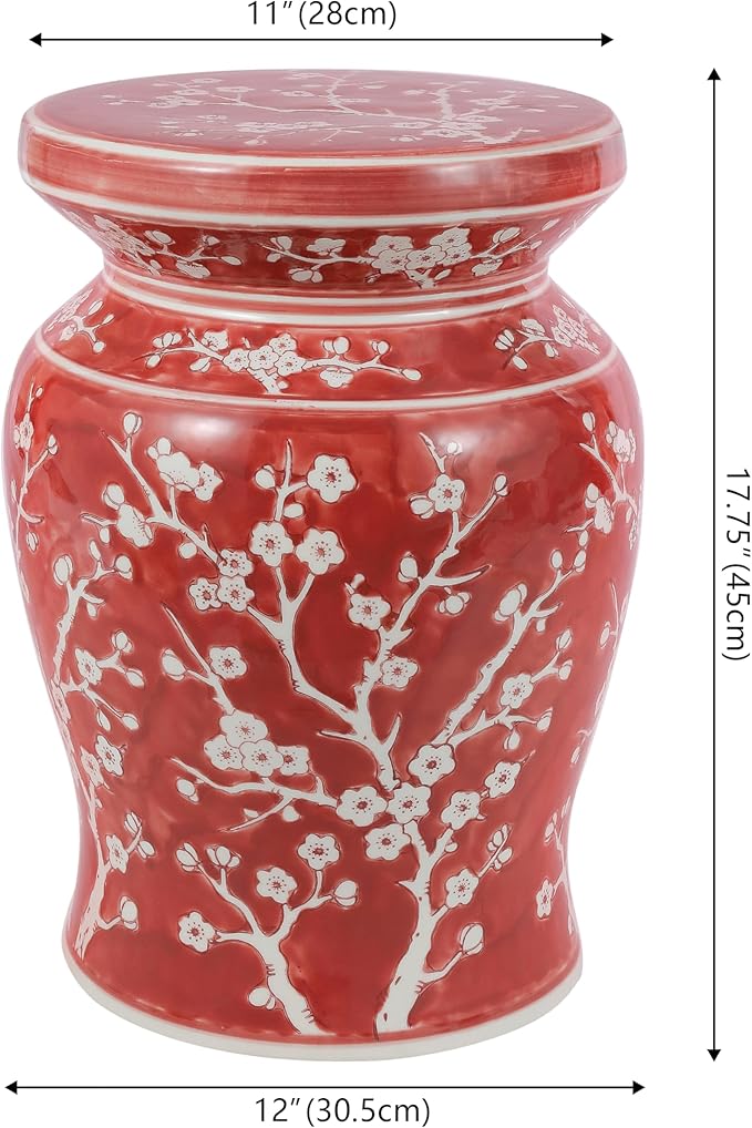 JONATHAN Y TBL1017B Cherry Blossom 17.75" Ceramic Indoor/Outdoor Garden Stool Coastal, Contemporary, Transitional, Patio, Garden Room, Bathroom, Living Room, Red/White