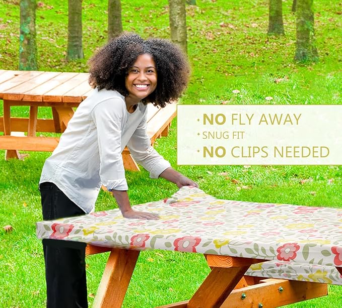 LINPRO 6ft Picnic Table Cover with Bench Covers Vinyl Fitted Picnic Table Covers with Elastic Camping Essentials and Picnic Tablecloth and RV Accessories
